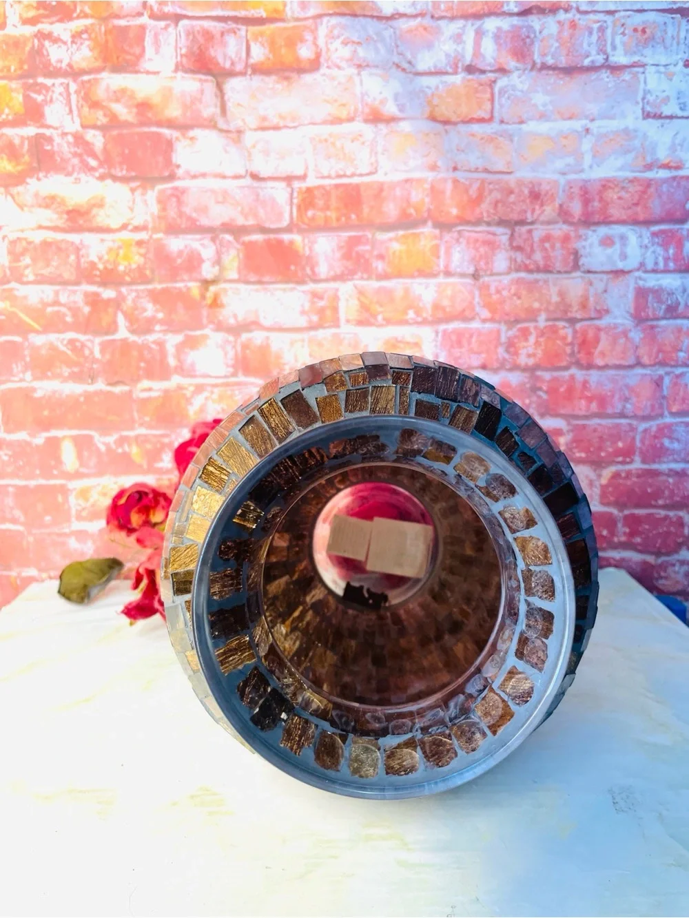 Vintage Three Hands Corp Large Gold Mosaic Statement Urn Vase